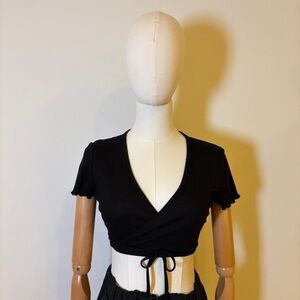 SHEIN Black Ribbed Surplice Wrap Crop Top - Size XS